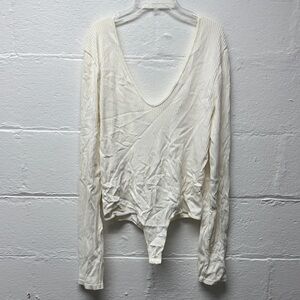 Women’s Cream Ribbed V-Neck Bodysuit Long Sleeve Top